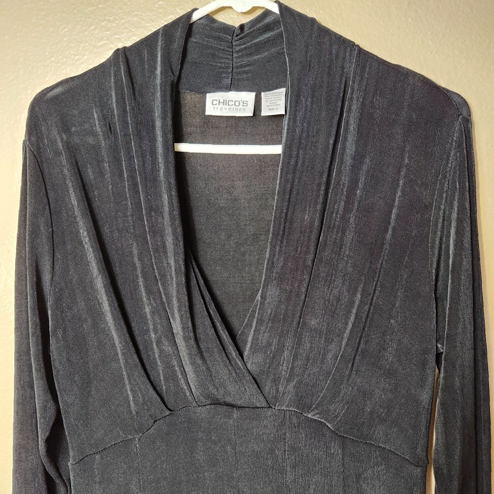 Vintage Chicos Travelers Black Slinky Surplice 3/4 Sleeve Knee Length Fit/Flare Dress |XS/4| Size S / US 4 / IT 40 - 3 Thumbnail