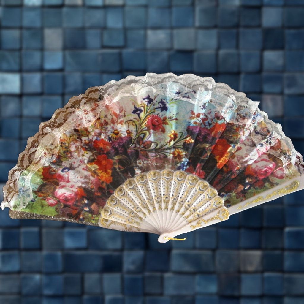 Vintage Vintage Handheld Fan with Flower Design, Small Size, Approx. 16 Inches Wide, Unbranded Collectible Gift Size ONE SIZE - 1 Thumbnail