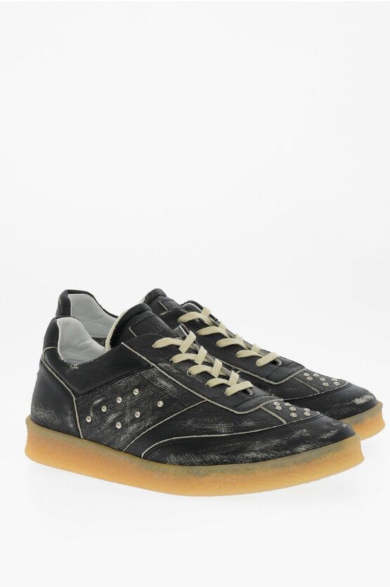 image of Maison Margiela Mm6 Acid Wash Effect Leather Low Top Sneakers With Studs in Black, Women's