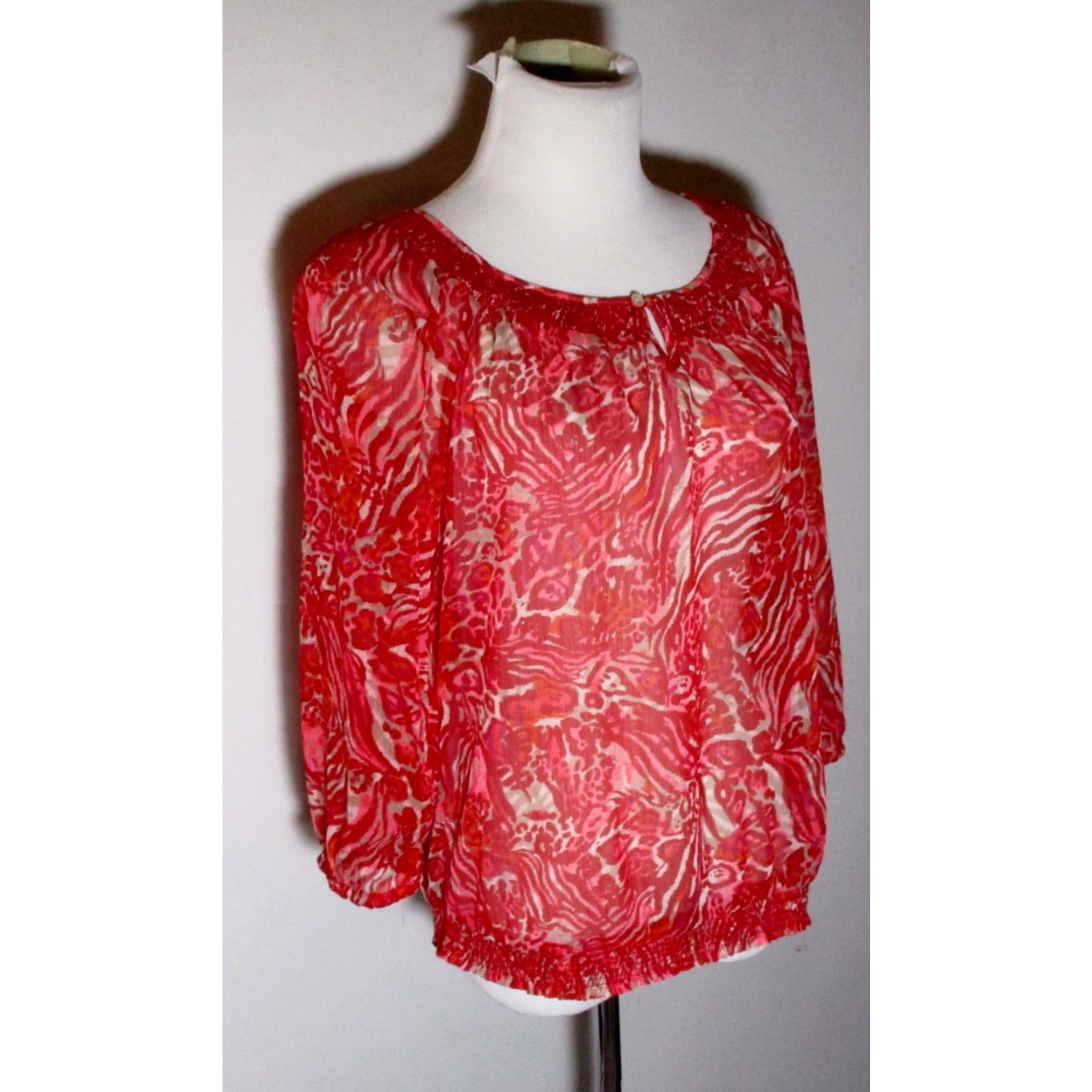 Lucky Brand Lucky Brand Sheer Red Top Blouse S Women - 3/4 Sleeve, Knit Polyester, Floral, Button Front, Boat Neck - Vintage No Size S / US 4 / IT 40 - 3 Thumbnail