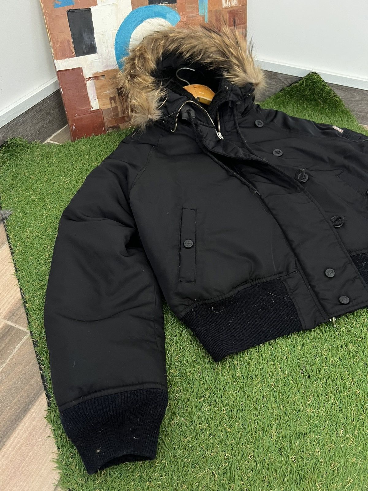 Vintage Ecko Black Fur Hood Down Bomber Jacket