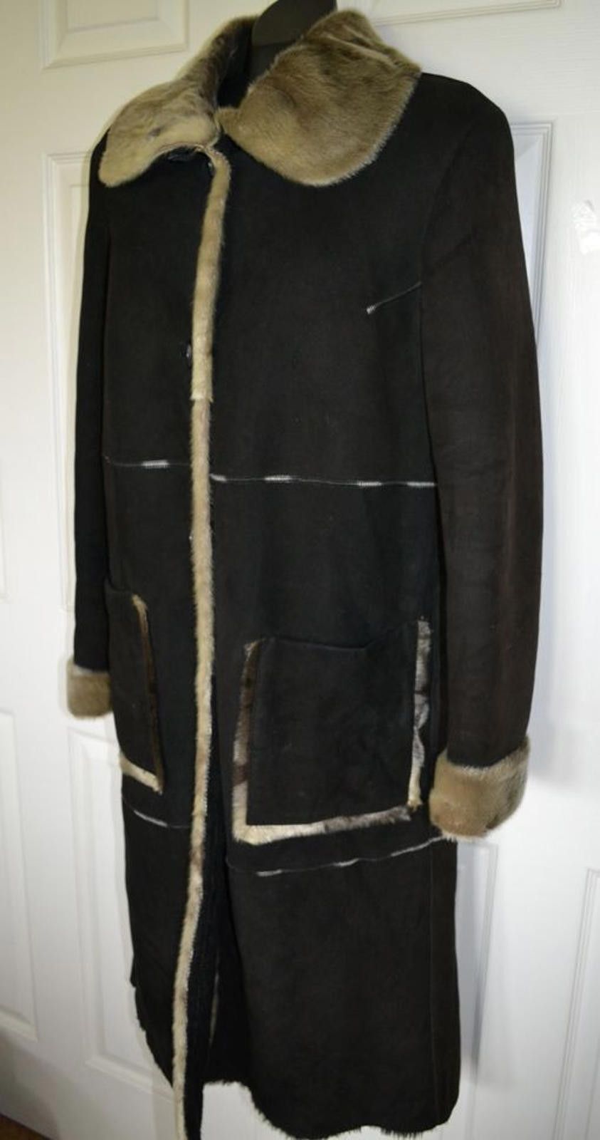Bryceland's Beyce Genuine Shearling Sheepskin Black Fur Trim Coat Sz M Size M / US 6-8 / IT 42-44 - 2 Thumbnail