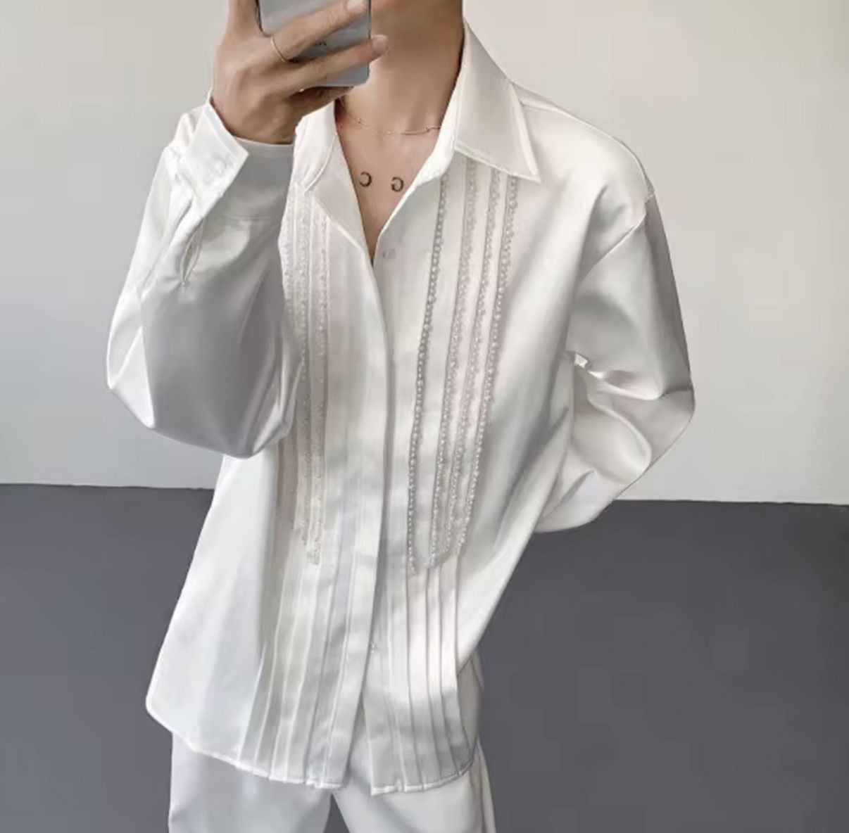 Other Streetwear Pearl Decoration Solid Patchwork Shirt Size US M / EU 48-50 / 2 - 3 Thumbnail