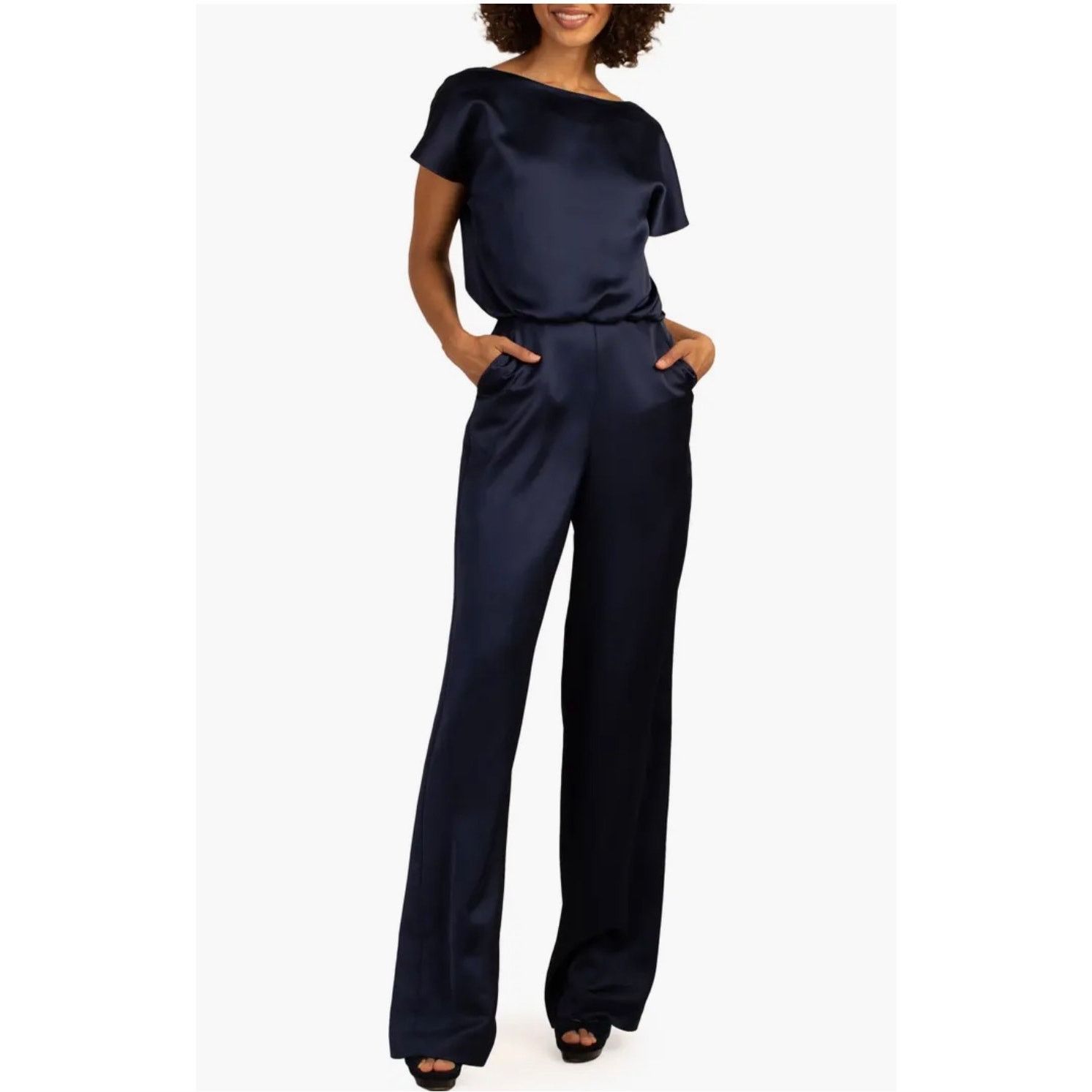 Trina Turk Trina Turk Amuse Short Sleeve Navy Satin Jumpsuit (Sz 6) Size 28" / US 6 / IT 42 - 2 Thumbnail