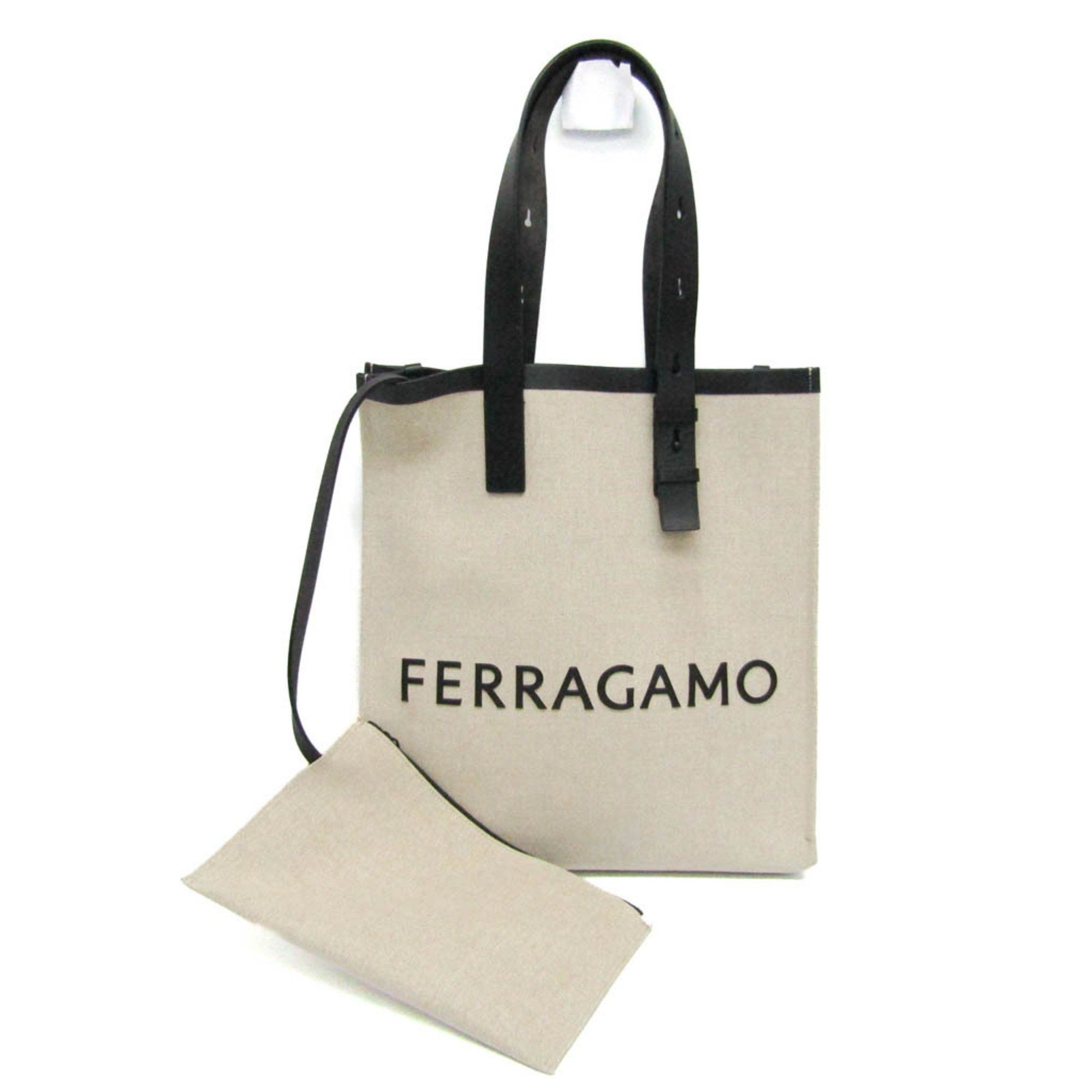 Salvatore Ferragamo Logo Gg-241297 Women,men Leather,fabric Tote Bag Beige,black, Women's
