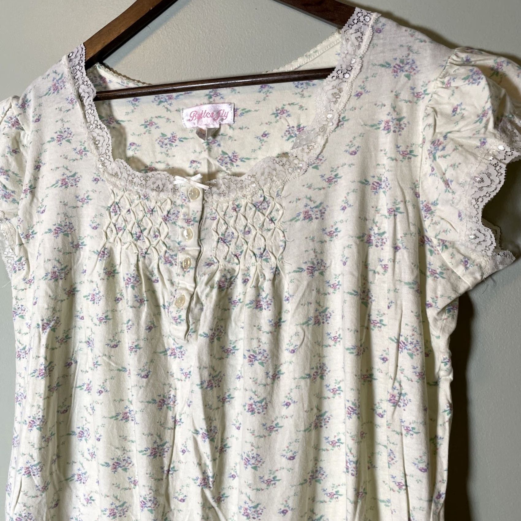 Vintage VINTAGE Butter fly Gown Short Sleeve Floral Yellow 100% Cotton Flannel L Women 胡 Size 36" / US 14 / IT 50 - 4 Thumbnail