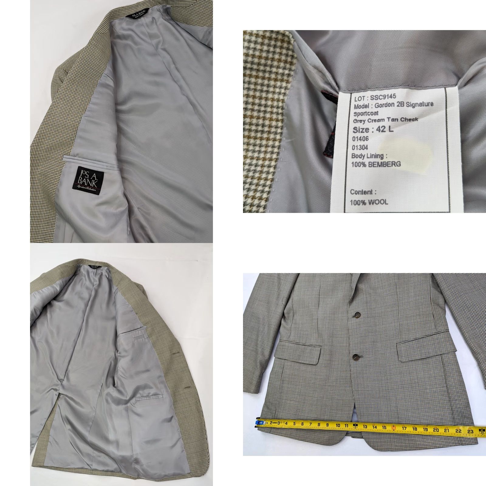 Jos. A. Bank Jos. A. Bank Gordon Signature Wool Blazer Jacket Men 42L Beige Houndstooth Wool Front Button Style Two-Button Single-Breasted Casual Business Mens Size 42R - 8 Thumbnail