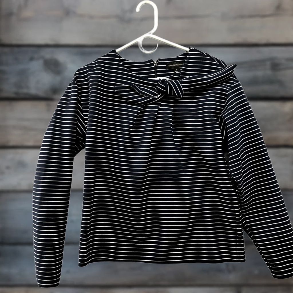 Banana Republic Banana Republic Long Sleeve Top Ponte Knit Bow Front Navy Stripe Womens S Thick Size S / US 4 / IT 40 - 1 Thumbnail