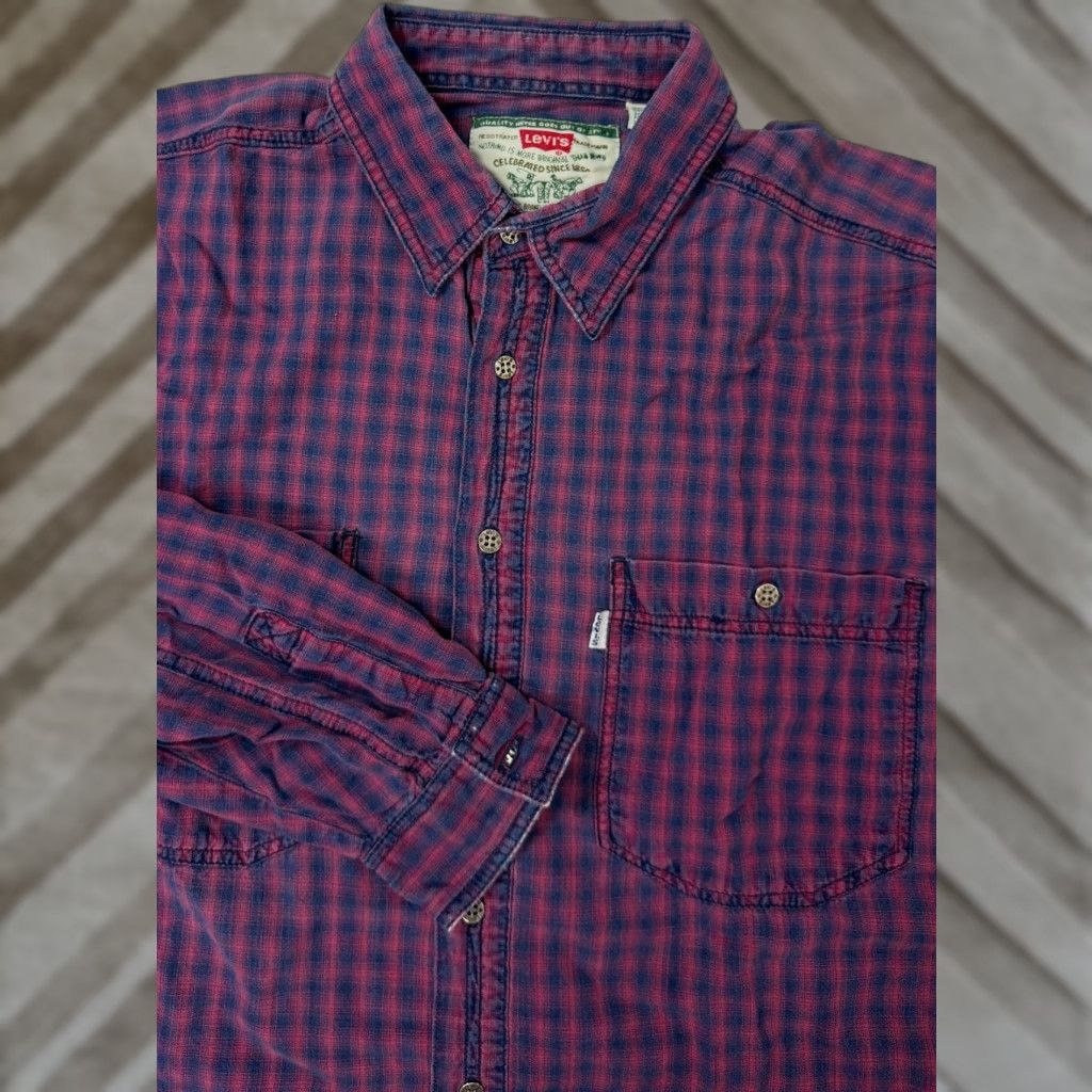 Levi's VINTAGE Levi's Work Shirt Men L Plaid 90s Distressed Button-Up Indigo Blue Cotton Long Sleeve Size US L / EU 52-54 / 3 - 1 Thumbnail