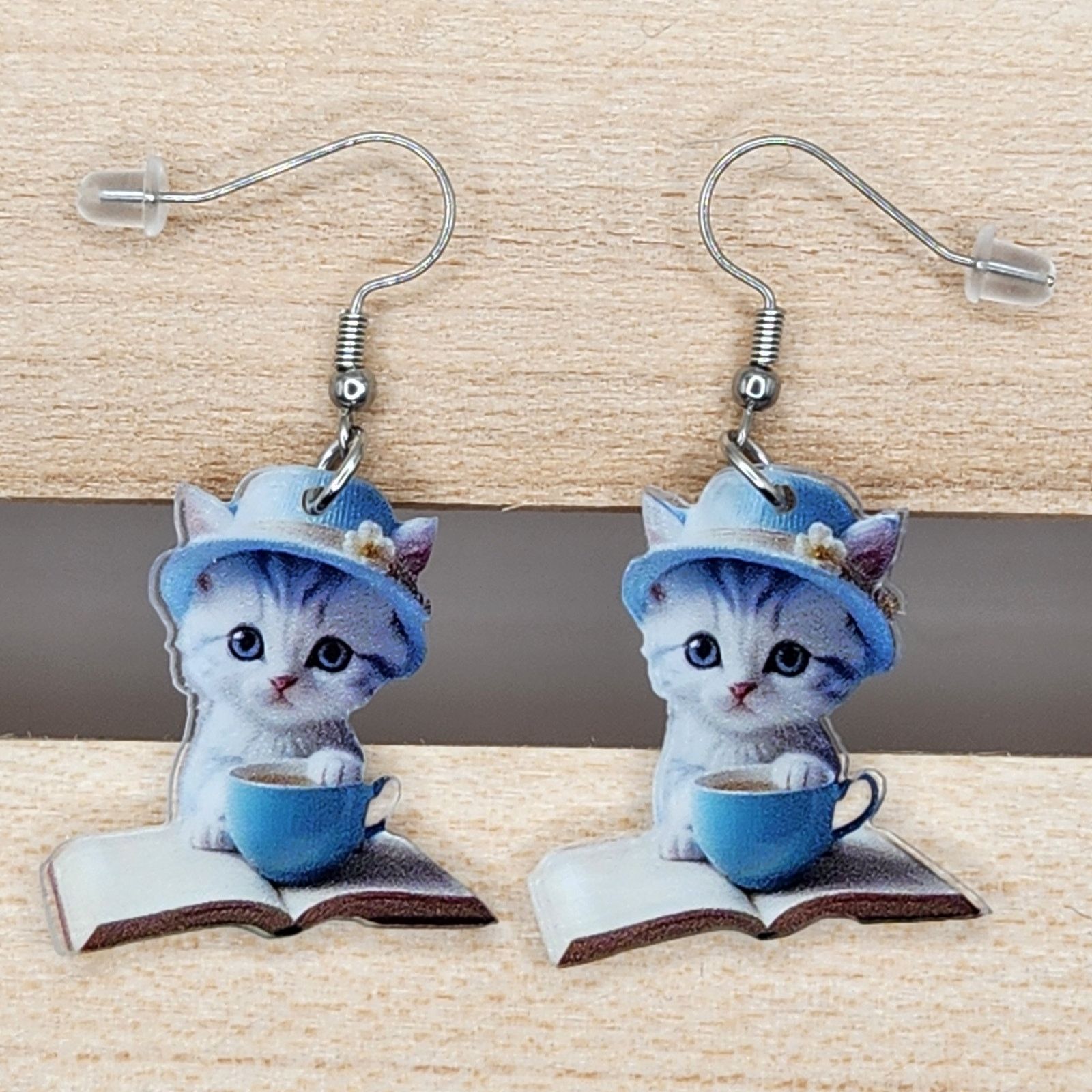 Other Gray Cat in Blue Teacup Sitting on Book Acrylic Earrings Size ONE SIZE - 2 Thumbnail