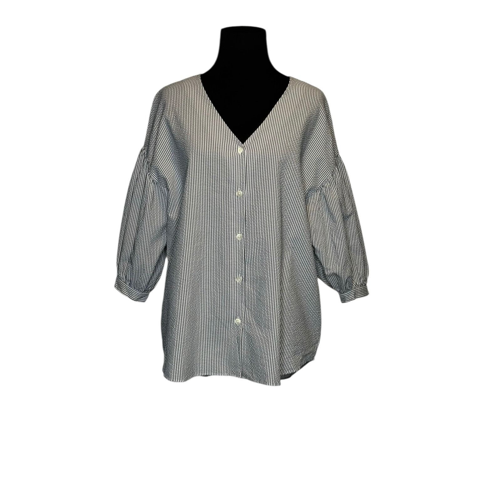 MOUSSY Moussy gray white striped 3/4 sleeves blouse size Free Size Size ONE SIZE - 11 Thumbnail