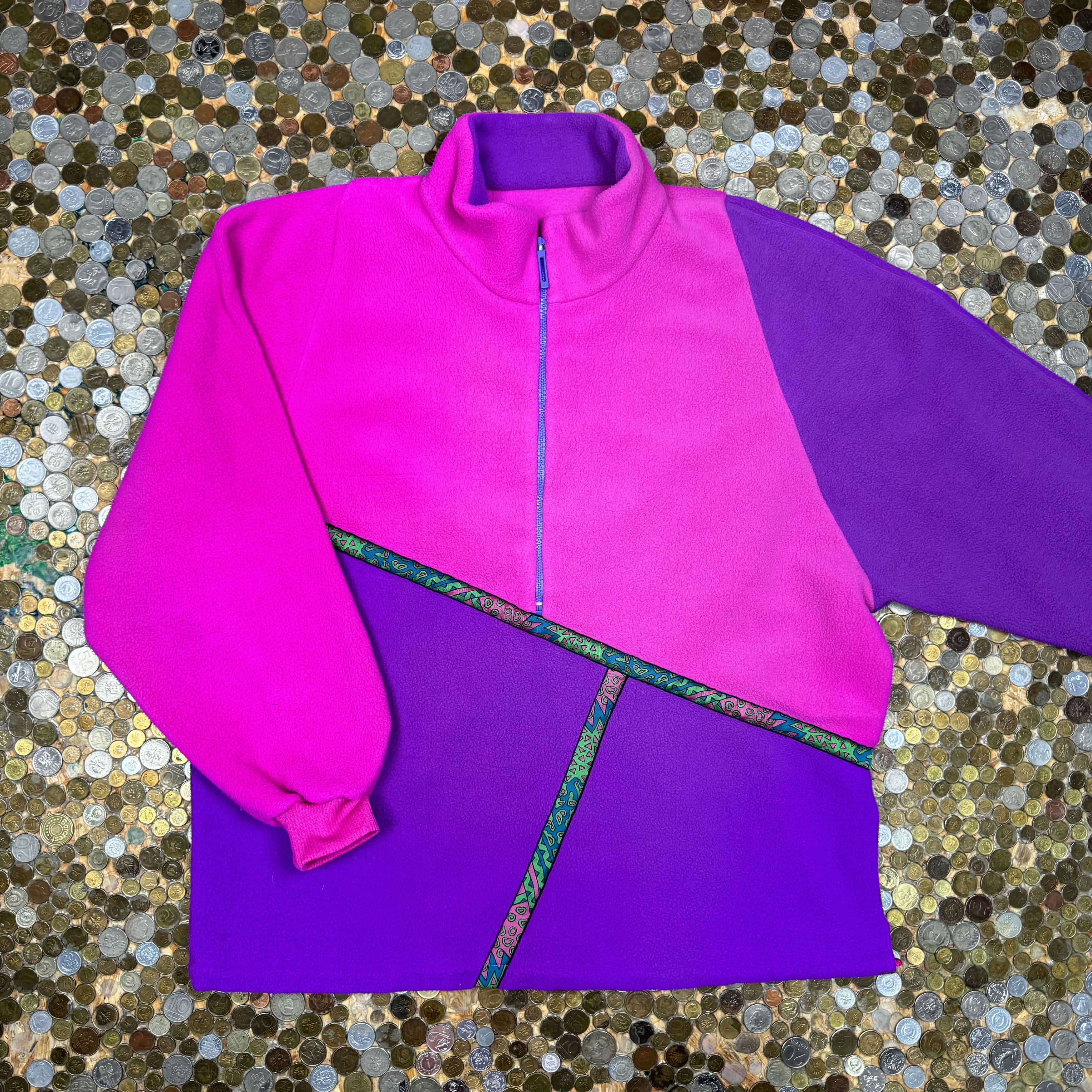 image of Sweatshirt Vintage Zip Asymmetrical Fleece Sweater 90's Vibe in Purple Pink, Men's (Size Large)