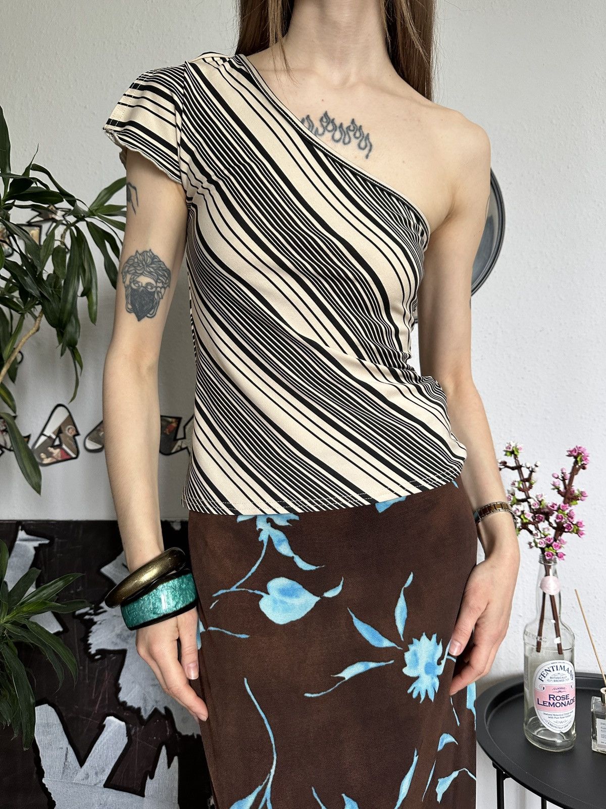 Vintage Asymmetrical One Shoulder Striped Slim Trending Top Size L / US 10 / IT 46 - 1 Thumbnail
