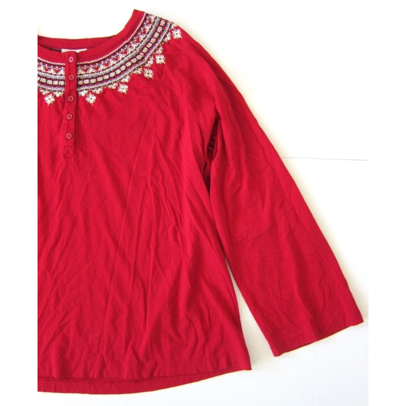 J. Jill VINTAGE J.Jill Embroidered Red Long Sleeve Blouse Women XL Cotton Rayon T-Shirt Style Tunic Shirt Size XL / US 12-14 / IT 48-50 - 7 Thumbnail