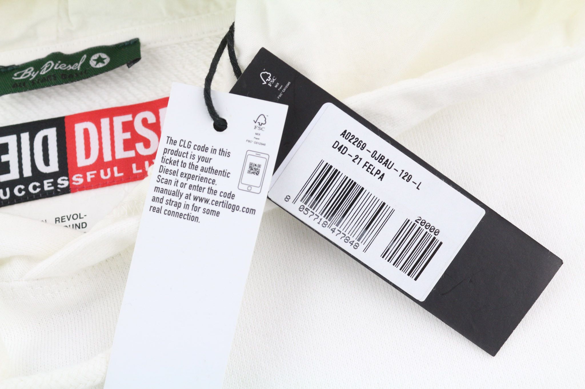 Diesel D4D-21 L White Cotton Hooded Logo Hoodie 40103 Size US L / EU 52-54 / 3 - 4 Thumbnail
