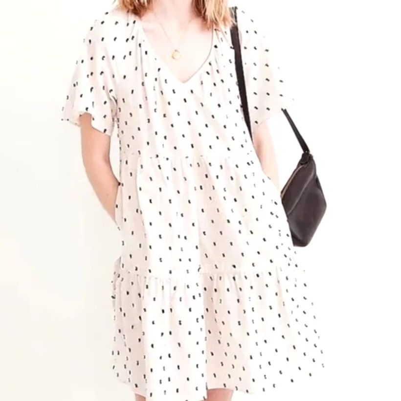 Madewell VINTAGE Madewell Lorelei Linen Blend Mini Dress Tiered Cream Cotton Clip Dot M Dress Women Knit Silk? Size M / US 6-8 / IT 42-44 - 2 Thumbnail