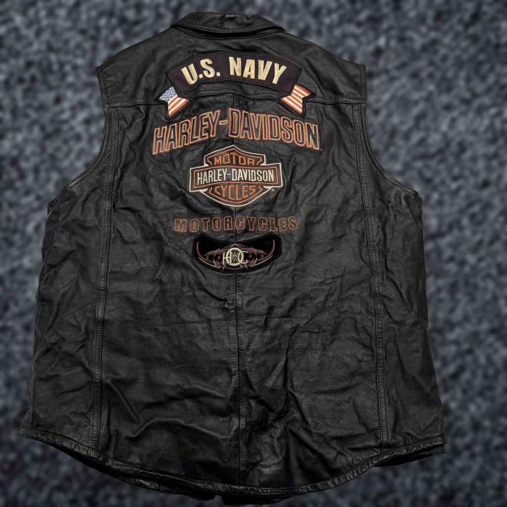VINTAGE Harley-Davidson Leather Vest Mens XL Black Biker US Navy Patches 90s