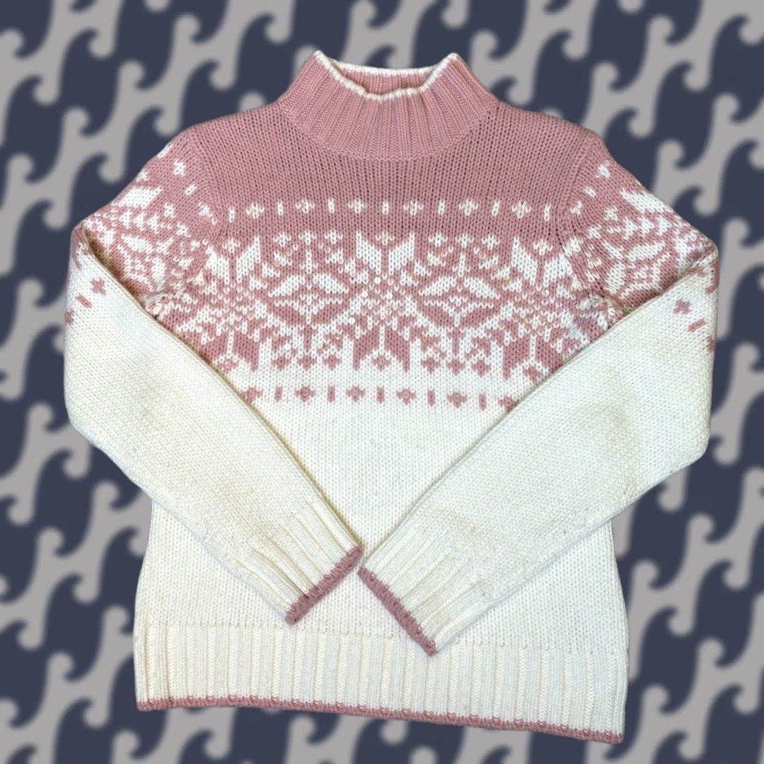 Vintage VINTAGE St John’s Bay Sweater Fair Isle Nordic Snowflake Long Sleeve Size Small Womens Pullover Mock Knit Rib Cuff Hem 90s Ski White & Pink Size S / US 4 / IT 40 - 1 Thumbnail