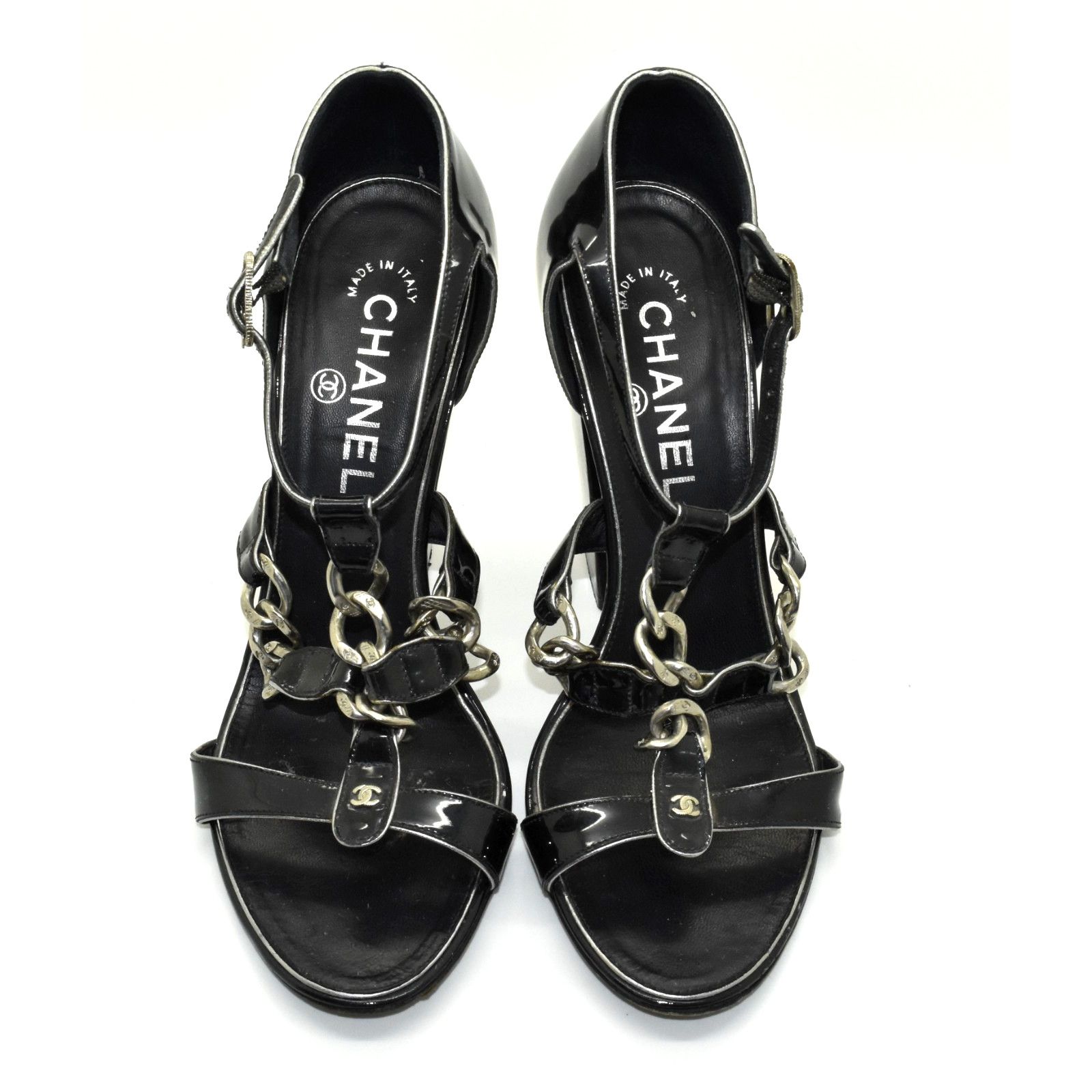 Chanel CHANEL Black Patent Calfskin T-strap Logo Sandals Sz 38 Size US 7.5 / IT 37.5 - 1 Thumbnail