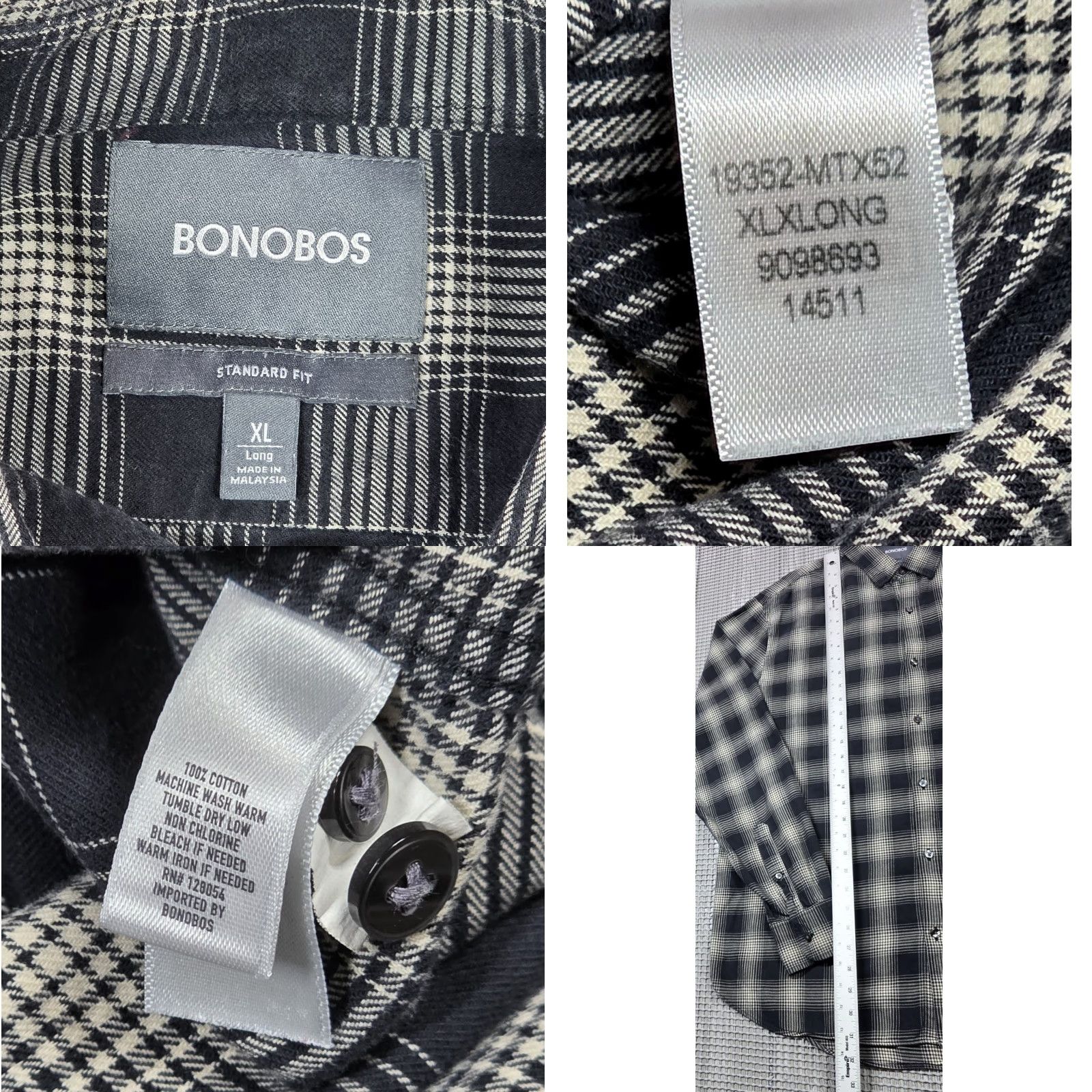 Bonobos Bonobos Shirt Button-Up Long Sleeve Plaid Men’s XL Black Gray Size US XL / EU 56 / 4 - 8 Thumbnail