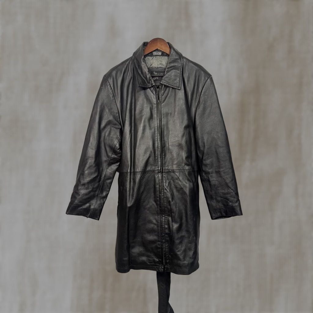 Velvet VINTAGE Midnight Velvet Women’s Leather Coat Jacket XL Regular Black Long Sleeve Zip Belted Mid-Length Coat Size XL / US 12-14 / IT 48-50 - 1 Thumbnail