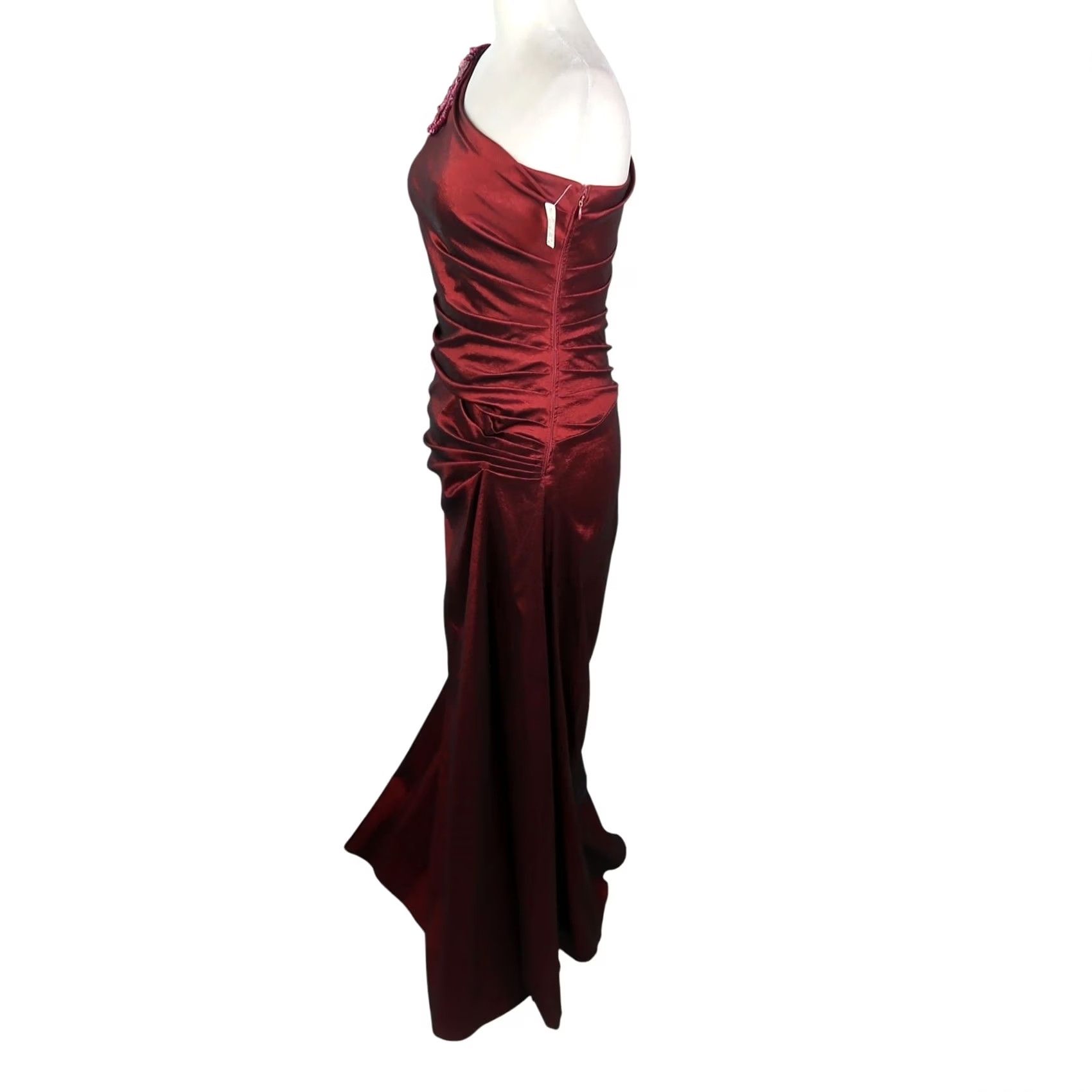 Adrianna Papell VINTAGE Hailey Adrianna Papell Gown Size 4 Burgundy Shiny Taffeta One Shoulder Y2K Size S / US 4 / IT 40 - 3 Thumbnail