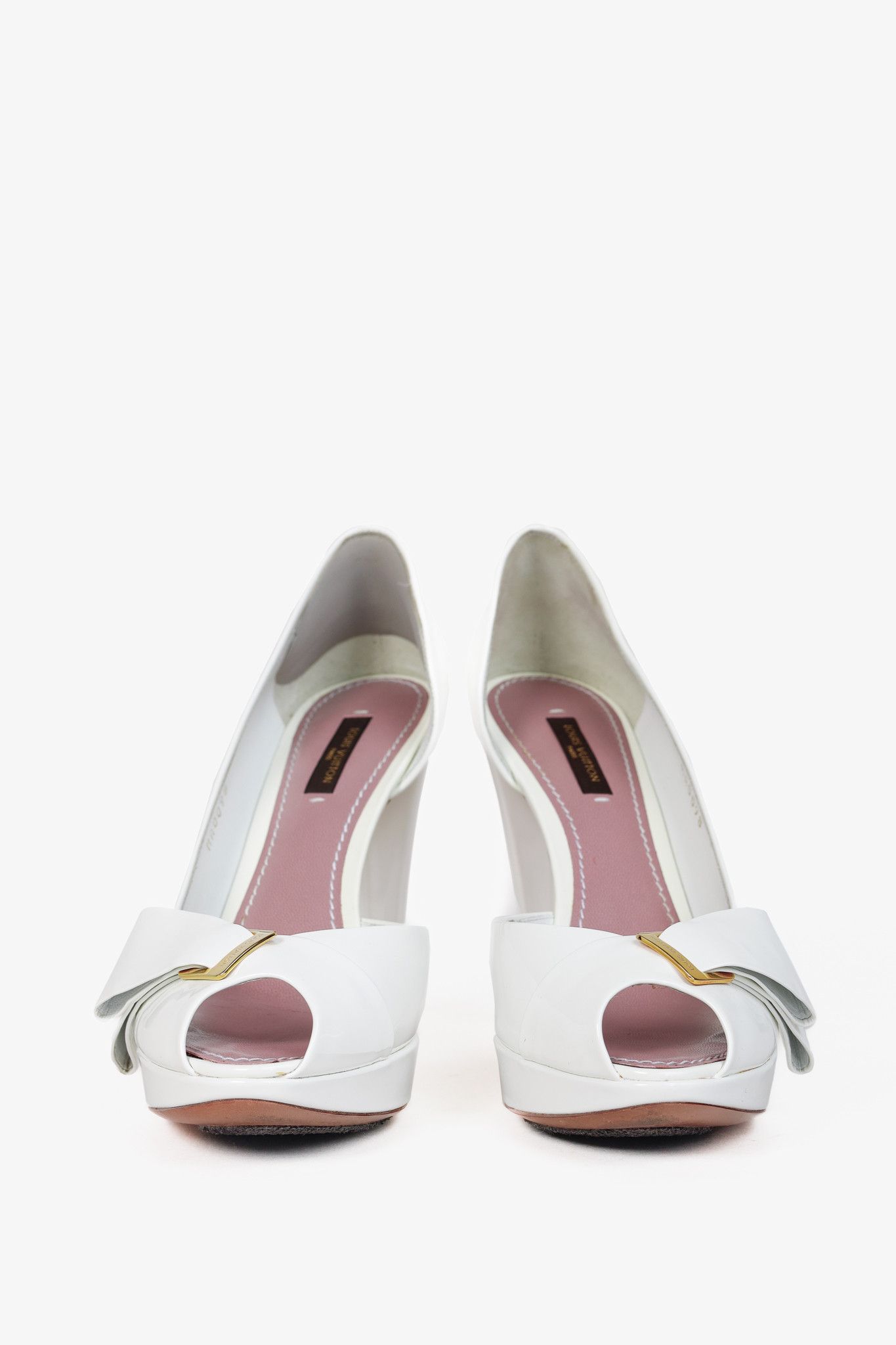 Louis Vuitton Louis Vuitton Apple White Patent Buckle-Bow Peep-Toe Pumps Size US 7 / IT 37 - 2 Thumbnail