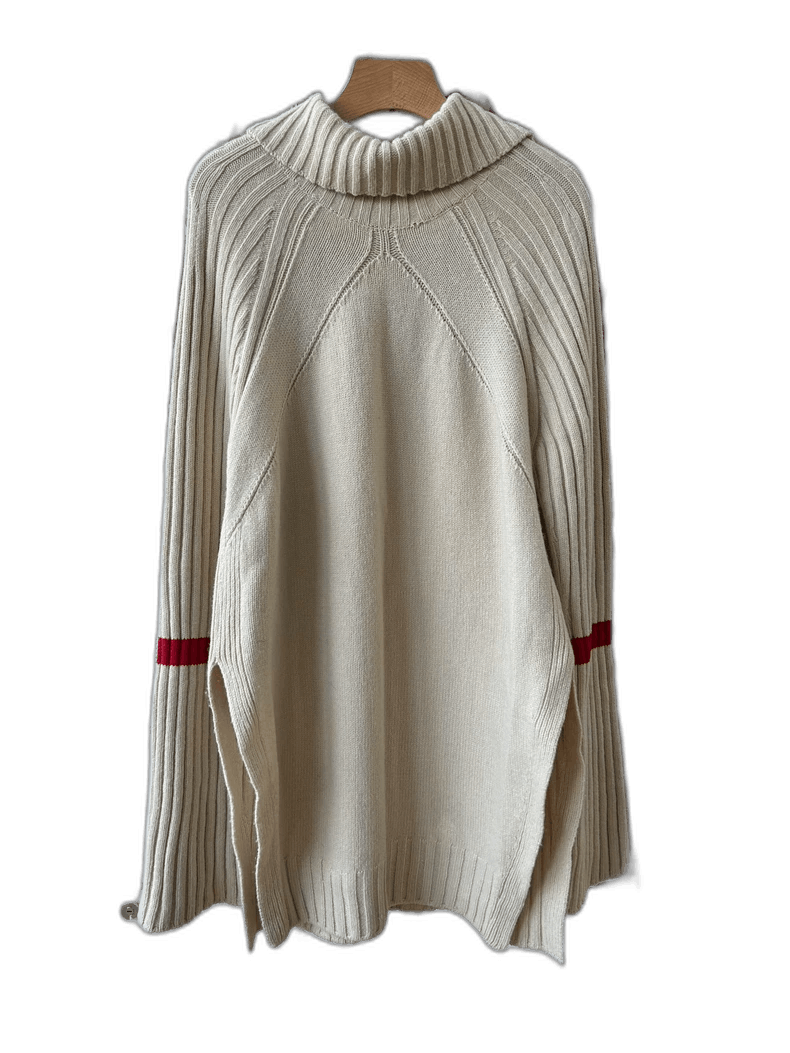 Beige High Neck Knit Sweater with Red Stripe-yf