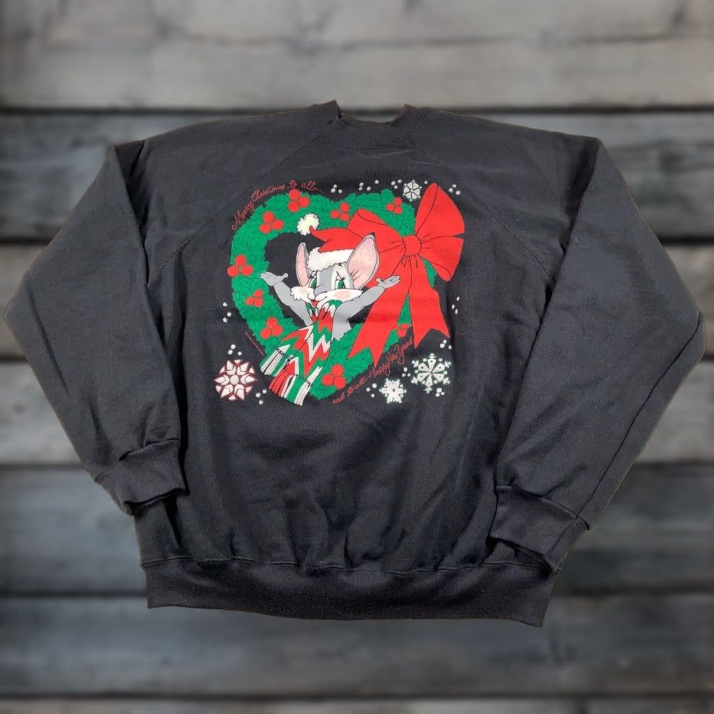Tultex VINTAGE Tultex Sweatshirt Adult XL Black Crewneck 90s Christmas Holiday USA Made Raglan Graphic Print Size XL / US 12-14 / IT 48-50 - 1 Thumbnail