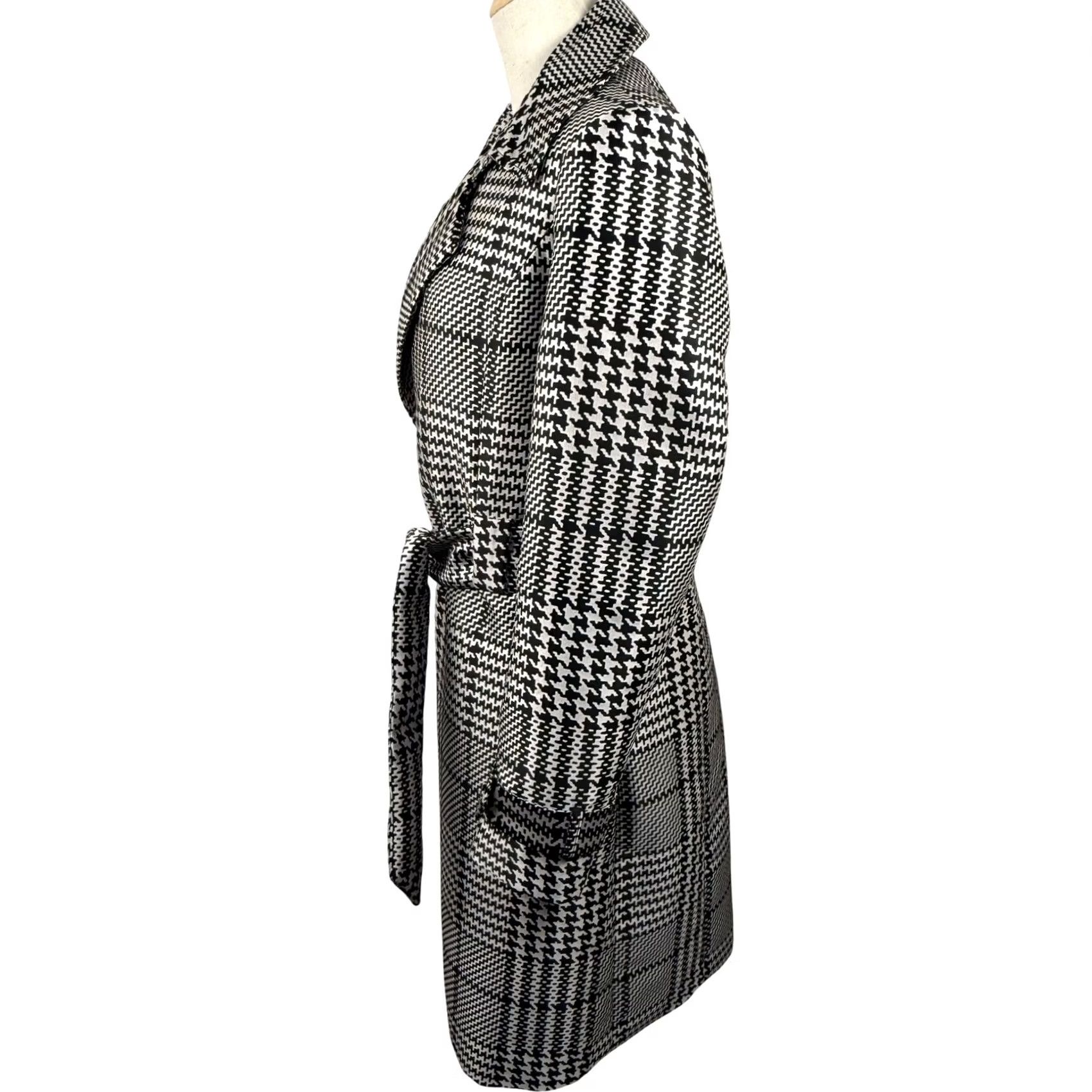 White House Black Market WHBM Coat Houndstooth Belted Blazer Jacket Women L Multicolor Black White Trench Coat Fall Winter Spring Career Chic EUC Size L / US 10 / IT 46 - 3 Thumbnail