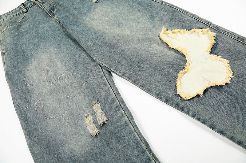 Jean American retro distressed patchwork butterfly straight jeans Size US 32 / EU 48 - 4 Thumbnail
