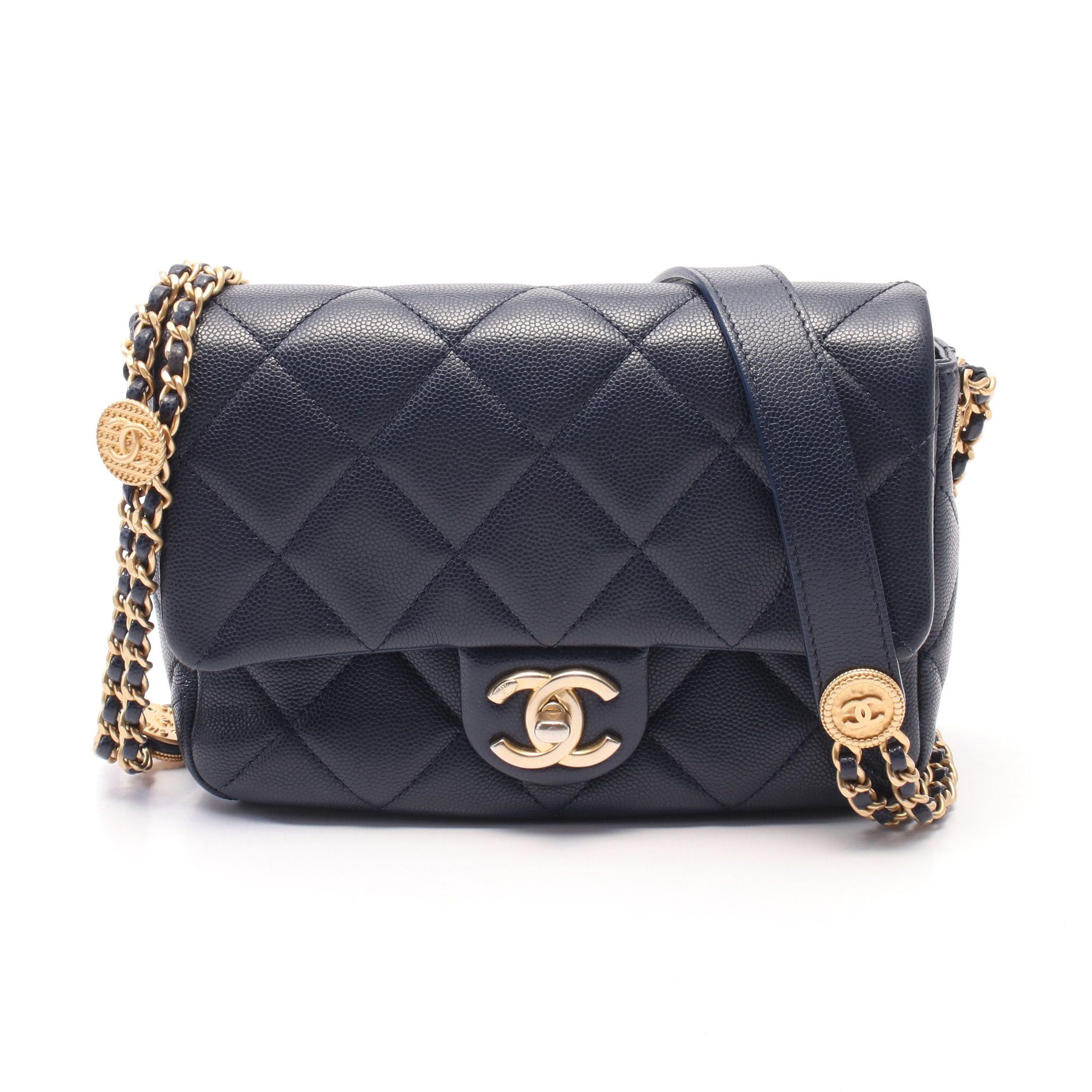 Chanel Matelasse Mini Flap Chain Shoulder Bag Caviar Skin Navy Gold Hardware in Blue, Women's