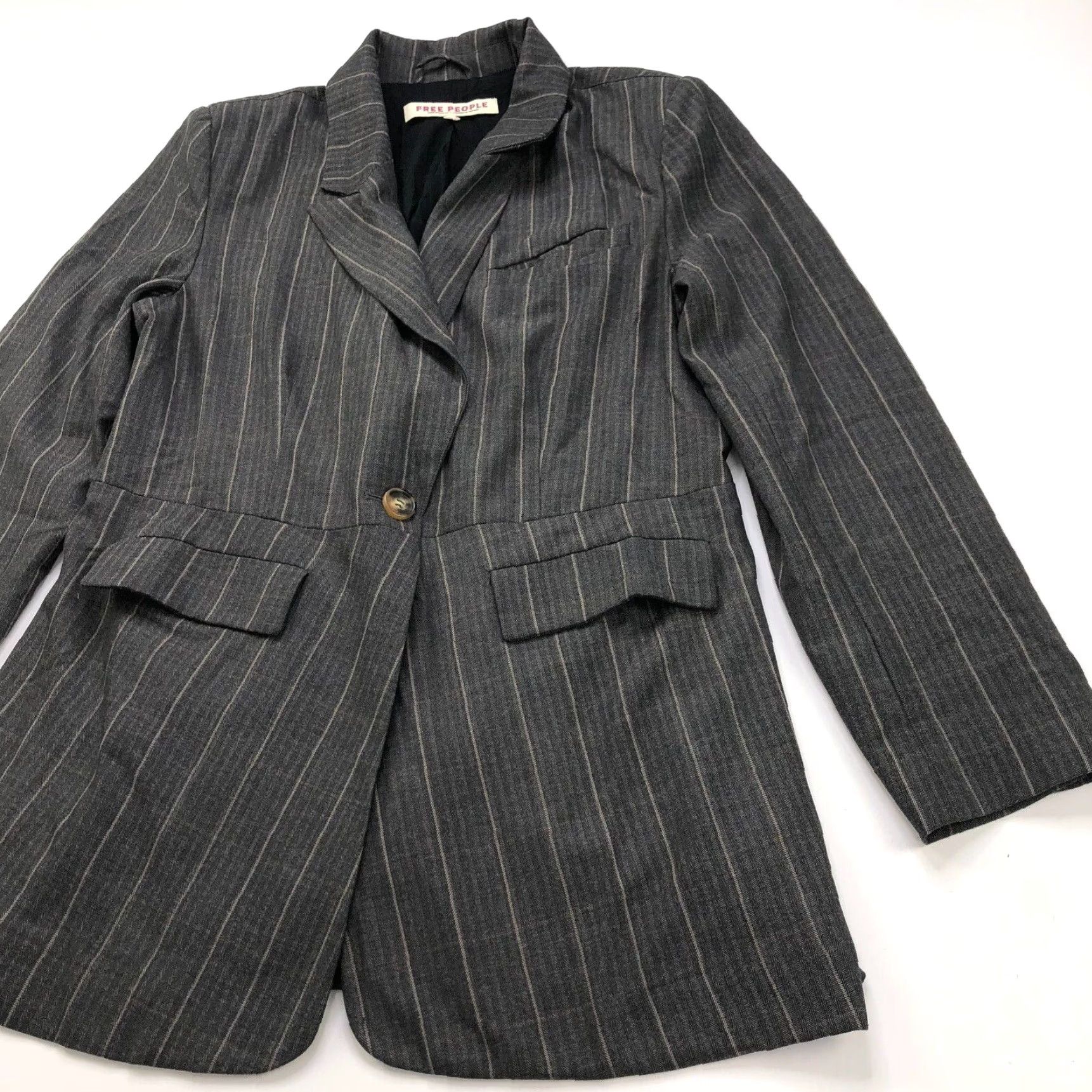 Free People Free People Blazer Shirt? Gray Striped Lined Wool Polyester One Button Jacket Women L Size Regular Size L / US 10 / IT 46 - 2 Thumbnail