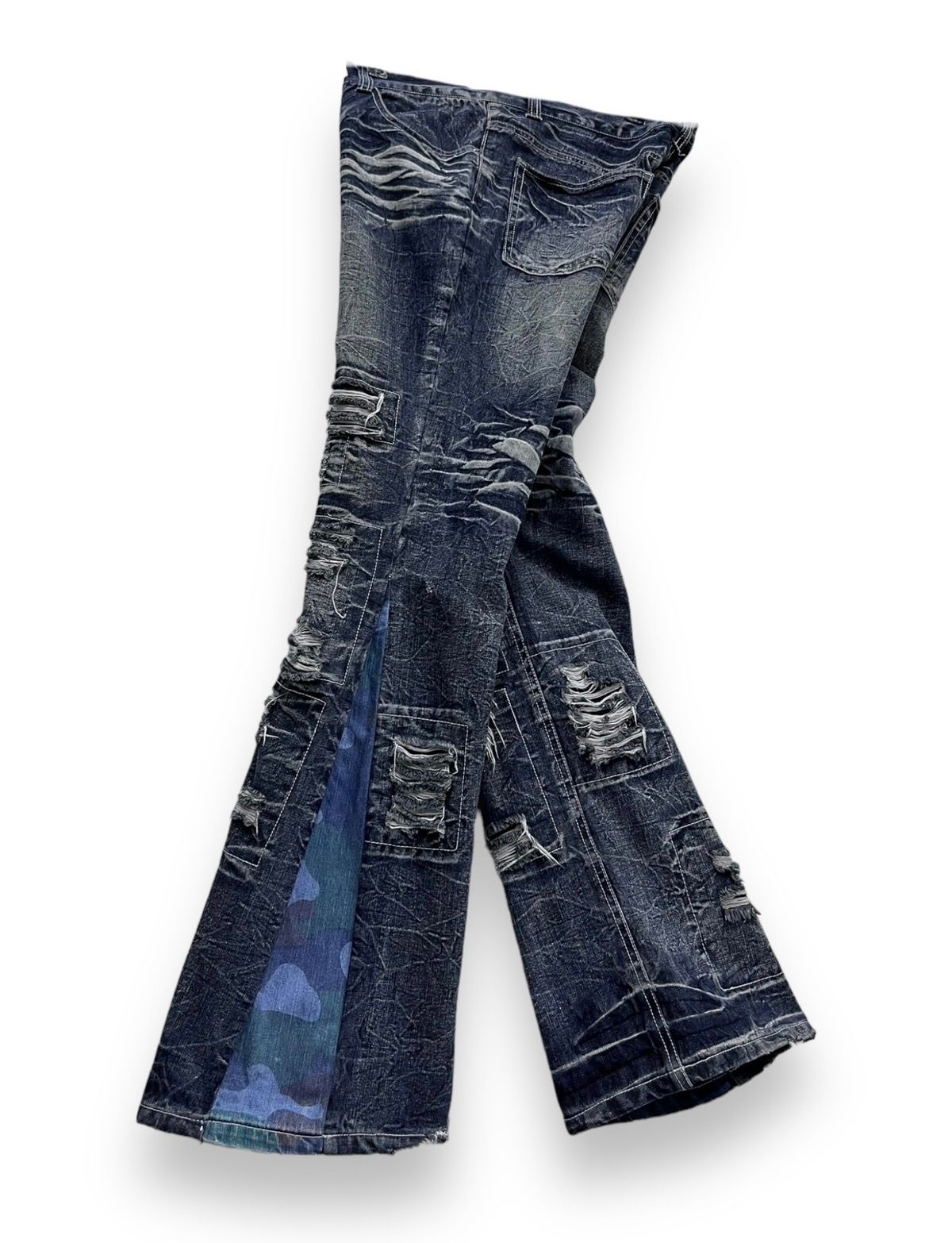 Pre-owned Archival Clothing X Lowbox Seditionaries Grunge Ripped Flare Reworked Jeans In Blue