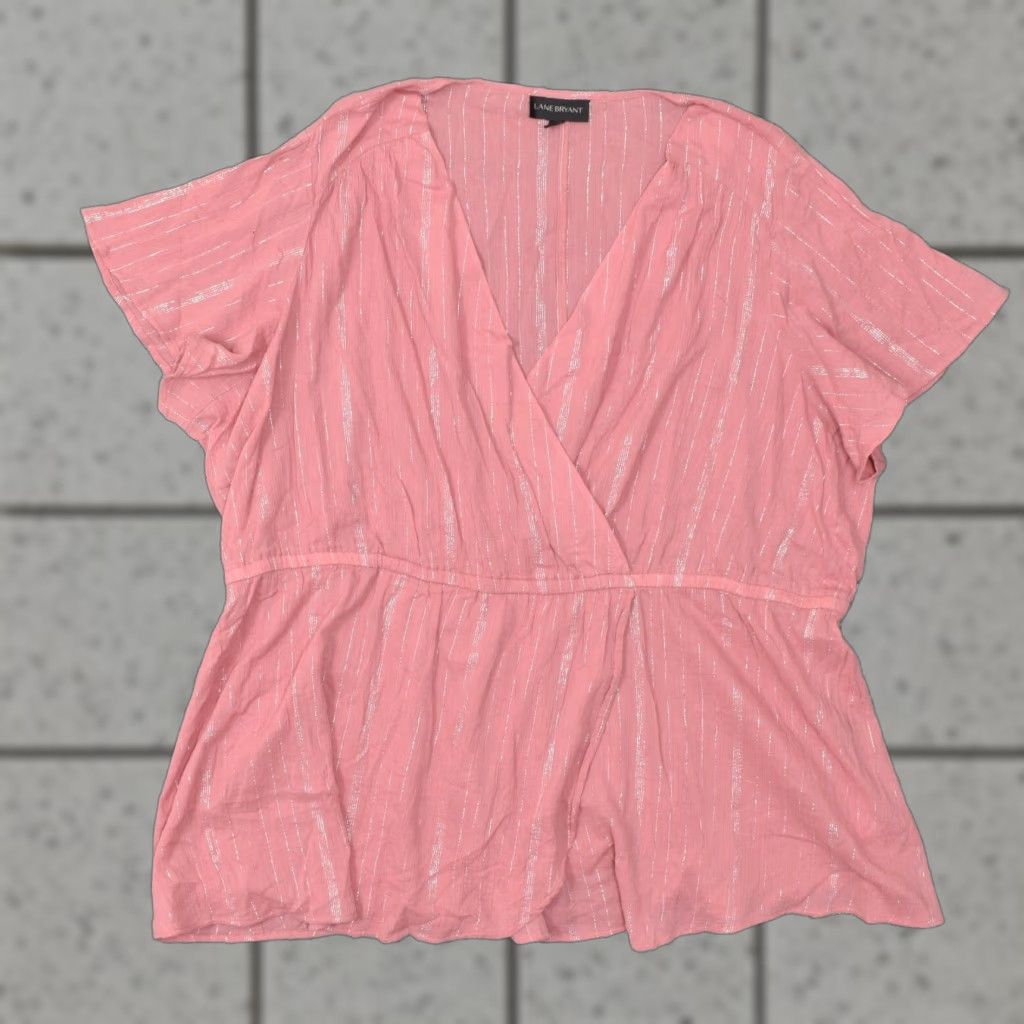 Vintage Lane Bryant Women's Plus Size Blouse Top Short Sleeve Pink Striped Cotton V-Neck 28 Womens Plus Size Blouse
