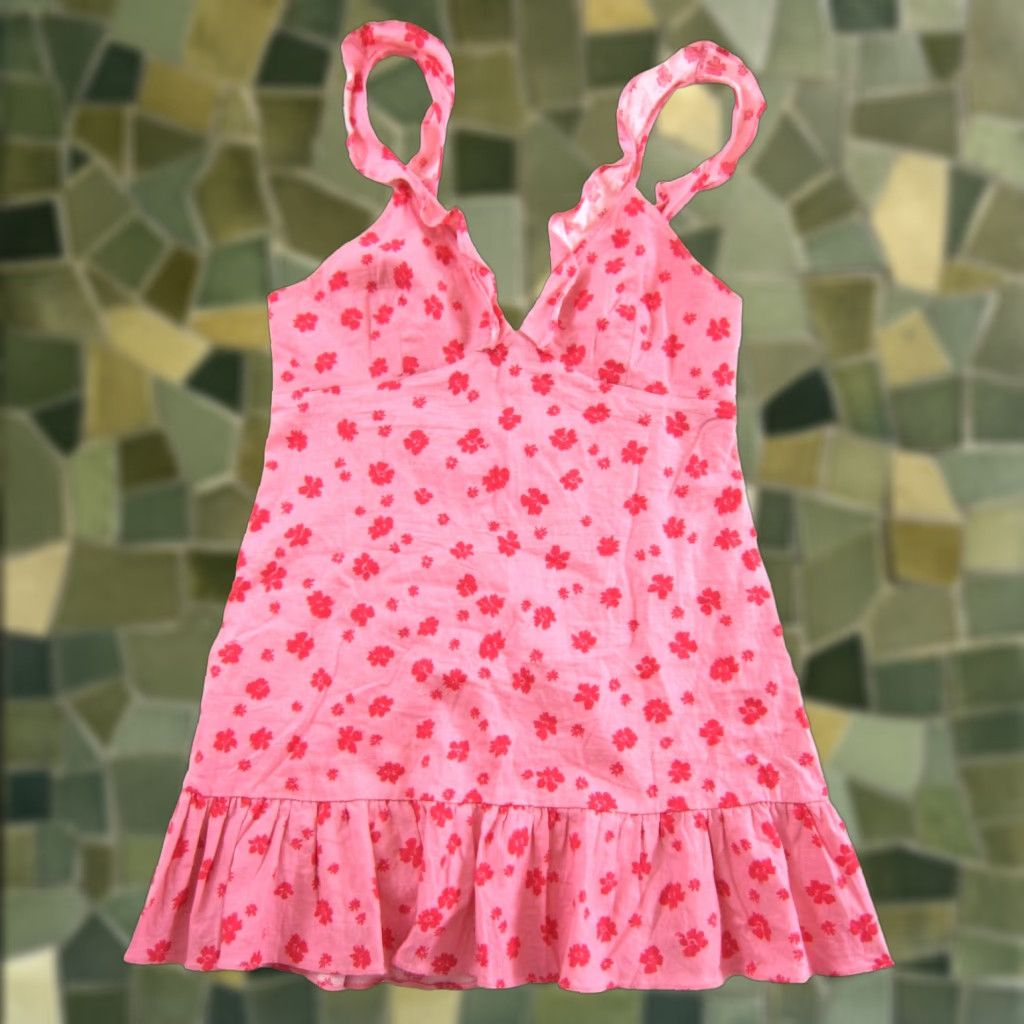 Zara ZARA Linen Rayon Pink Floral Ruffle V-Neck Short Tank Sun Dress Large Size 36" / US 14 / IT 50 - 1 Thumbnail