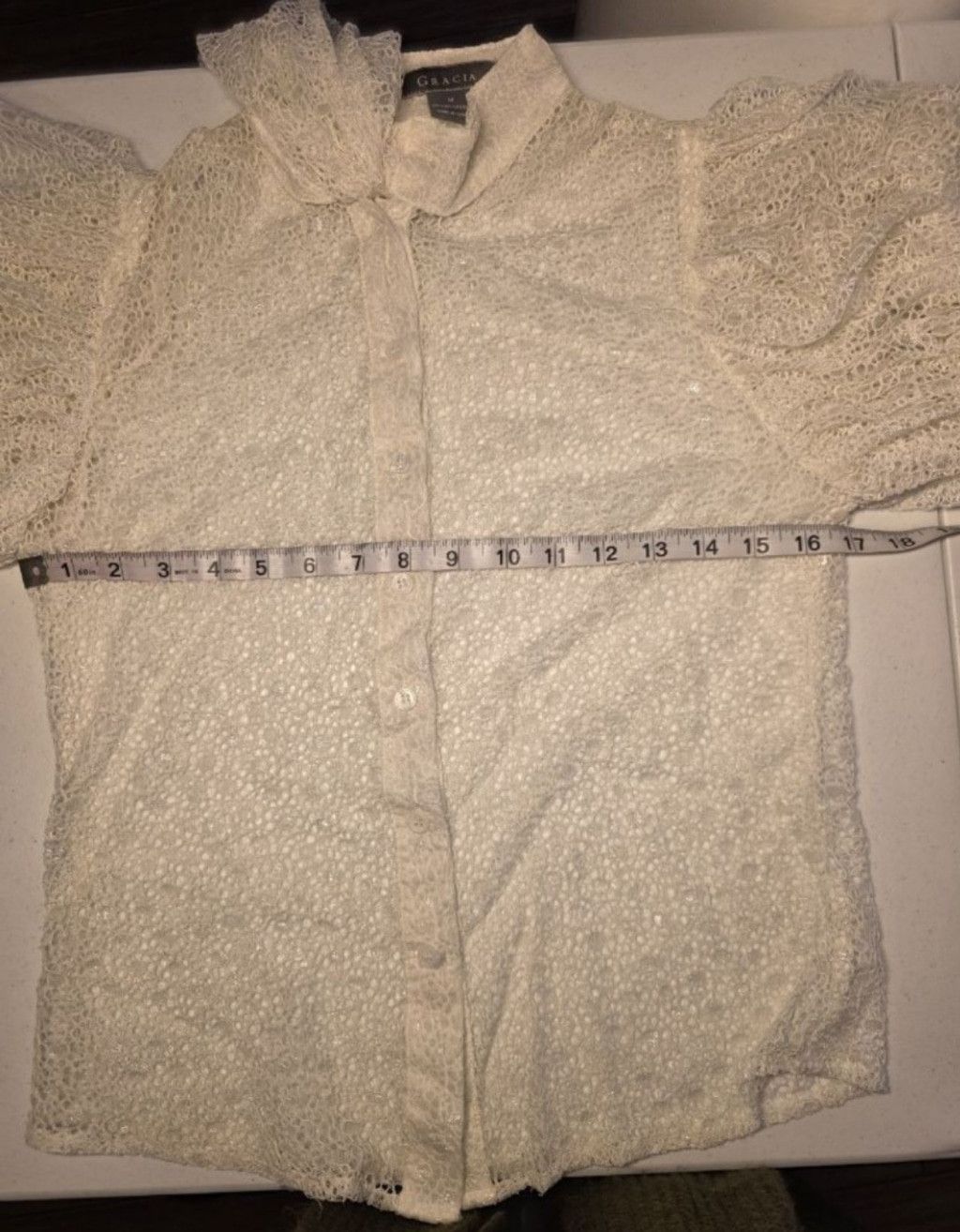 Pedro Garcia Gracia Sheer Lace Puff Sleeve Tie Neck Blouse Romantic Coque Size M / US 6-8 / IT 42-44 - 7 Thumbnail