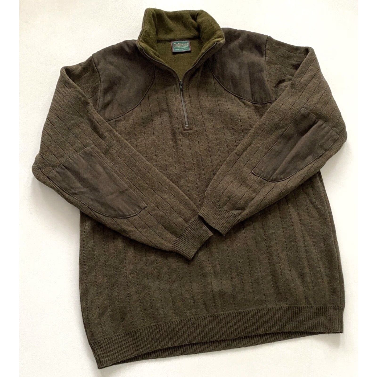 Vintage Quiltknit Men’s Wool Hunting Sweater 1/4 Zip Knit Forest Green M Pullover Patch Mock Neck UK Made in Wales Mens Size US M / EU 48-50 / 2 - 4 Thumbnail