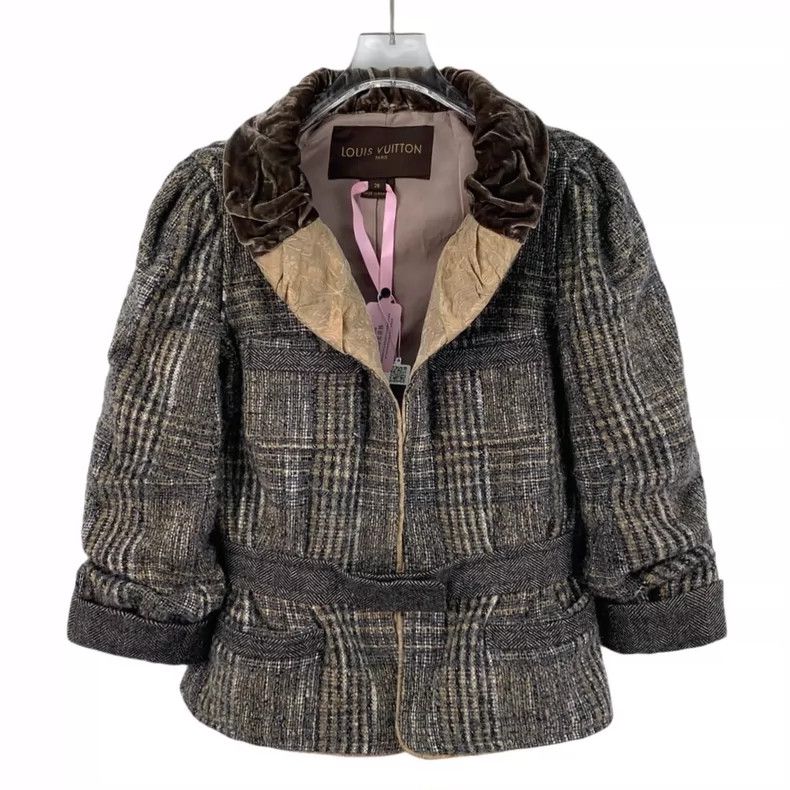 Louis Vuitton Brown plaid wool long sleeve jacket with bow