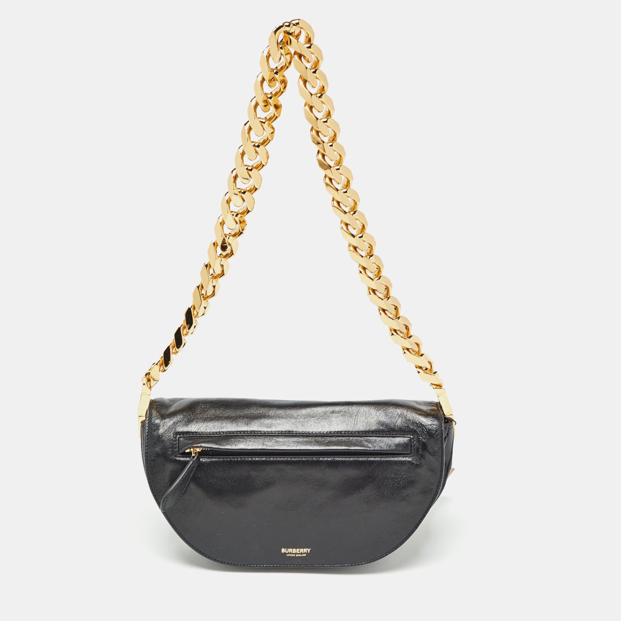 image of Burberry Black Soft Leather Small Olympia Shoulder Bag, Women's