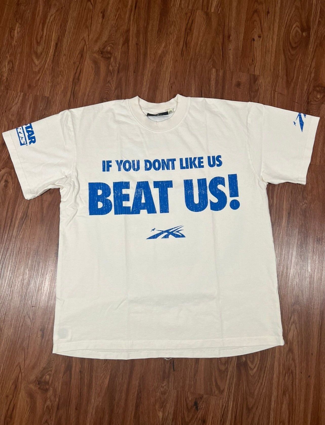 image of Hellstar Beat Us! Shirt White And Blue in White/Blue, Men's (Size 2XL)