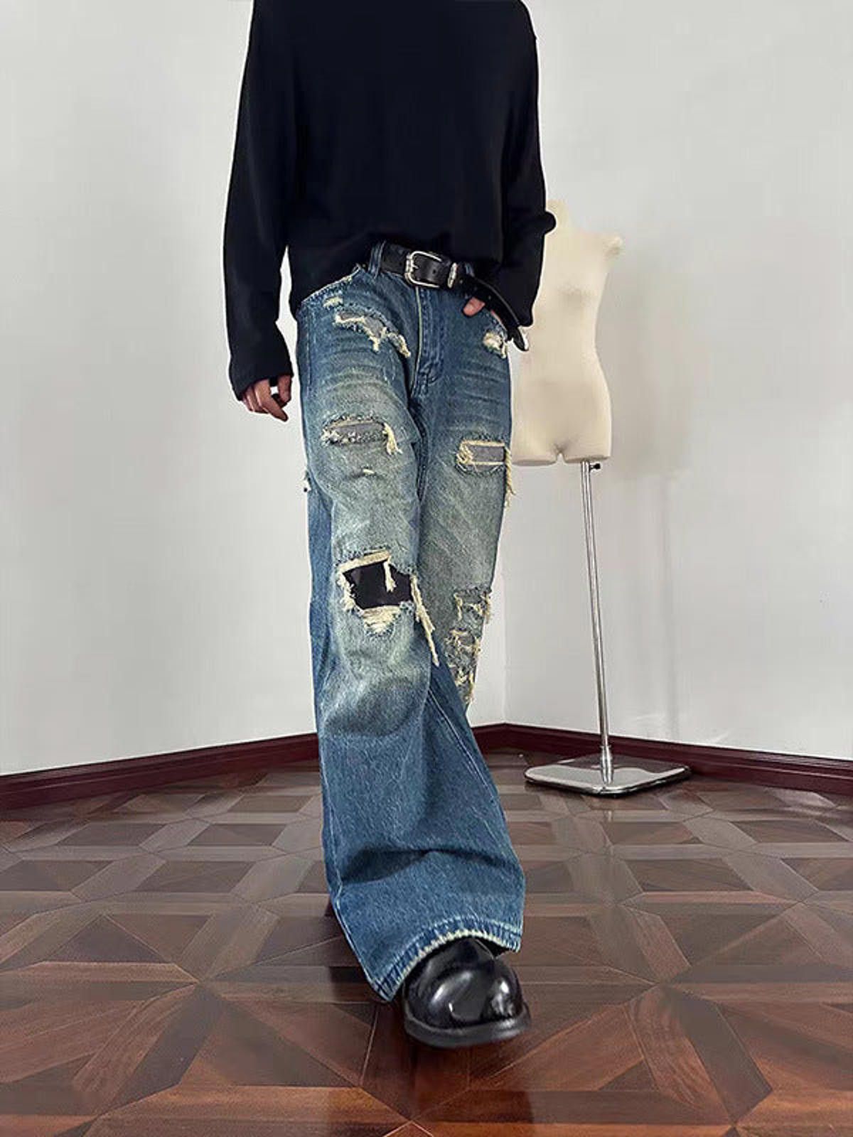 Vintage Blue Distressed Wide Leg Jeans, Baggy Denim Pants Size US 32 / EU 48 - 3 Thumbnail