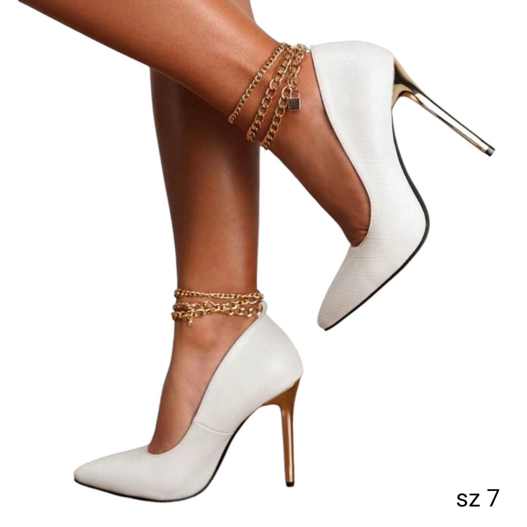 NBDN Nobrandedon White Faux Leather Gold Ankle Chain Metallic High Heel Shoe Size US 7 / IT 37 - 1 Thumbnail