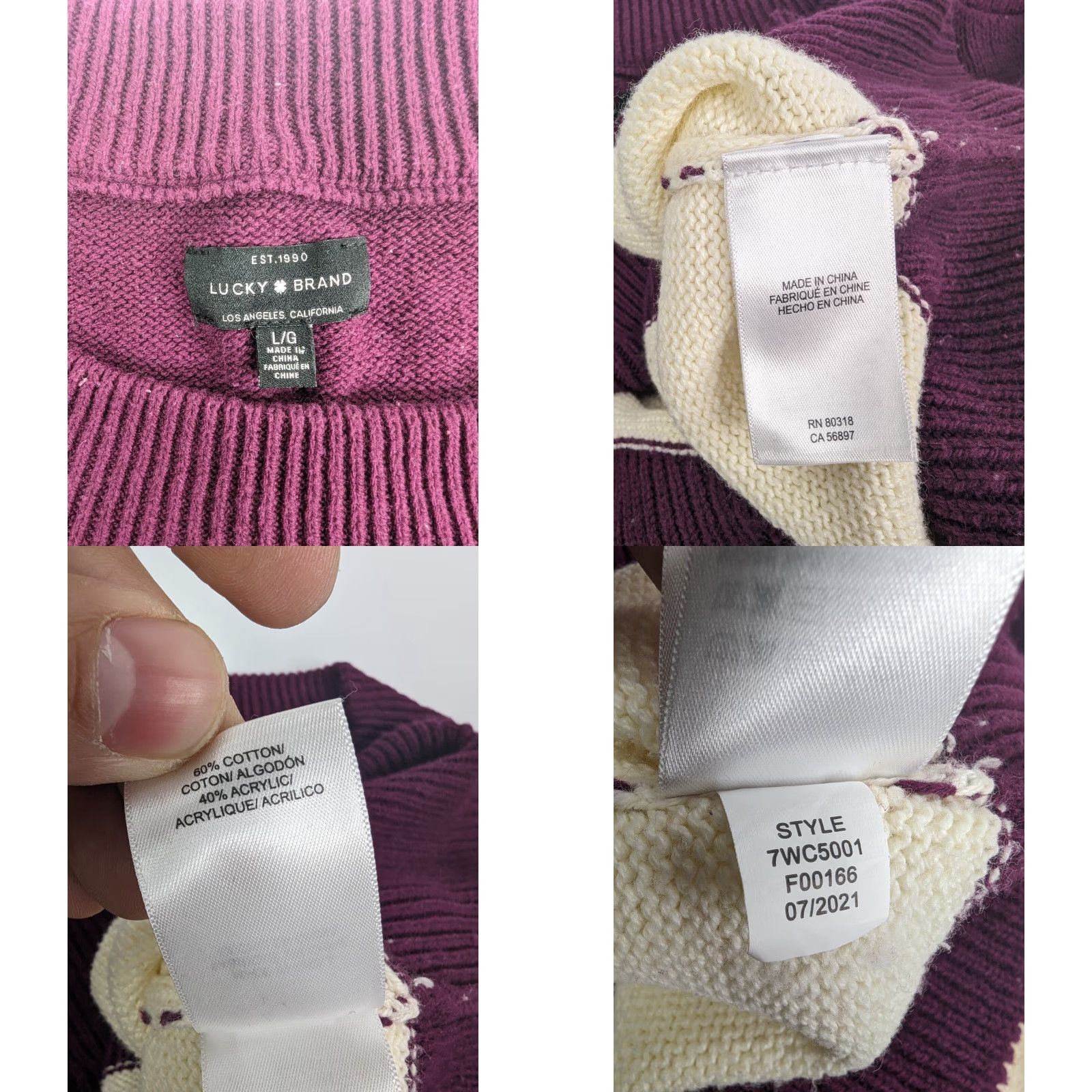 Lucky Brand Lucky Brand Womens Sweater Striped Color Block Multicolor Long Sleeve Pullover Round Neck L Color Beige Maroon 100% Cotton Blend Relaxed Knit Size L / US 10 / IT 46 - 8 Thumbnail