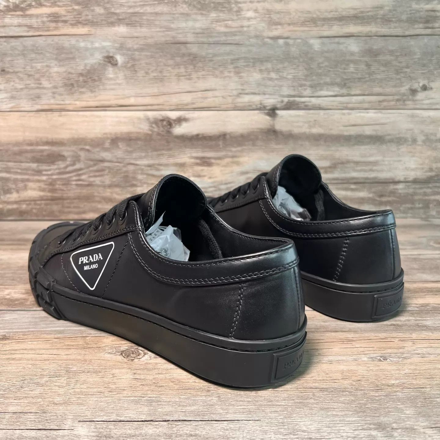 Prada Prada Black Leather Tri Logo Sneaker US7.5/41.5 Size US 7.5 / EU 40-41 - 4 Thumbnail