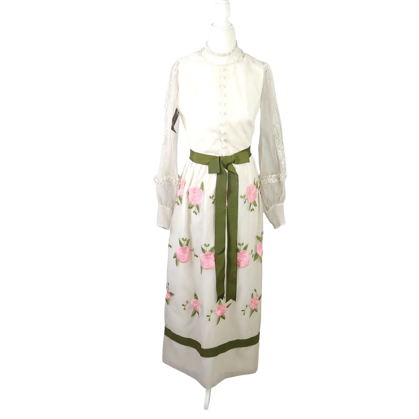 Vintage VINTAGE Jack Bryan Formal Maxi Dress 8 Cream Pink Floral Embroidered Long Sleeve 60s 70s Bohemian Women Size M / US 6-8 / IT 42-44 - 3 Thumbnail