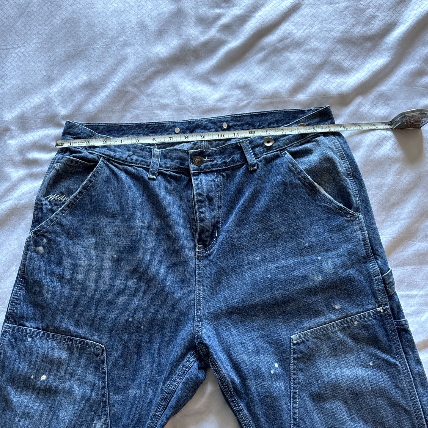 Doublet MDNS Madness Jeans Double Knee Faded Painted Distressed Suspenders Large Mens Jeans Distressed Blue 24in Inseam L Regular, Tapered, Pre-owned Size US 33 - 5 Thumbnail