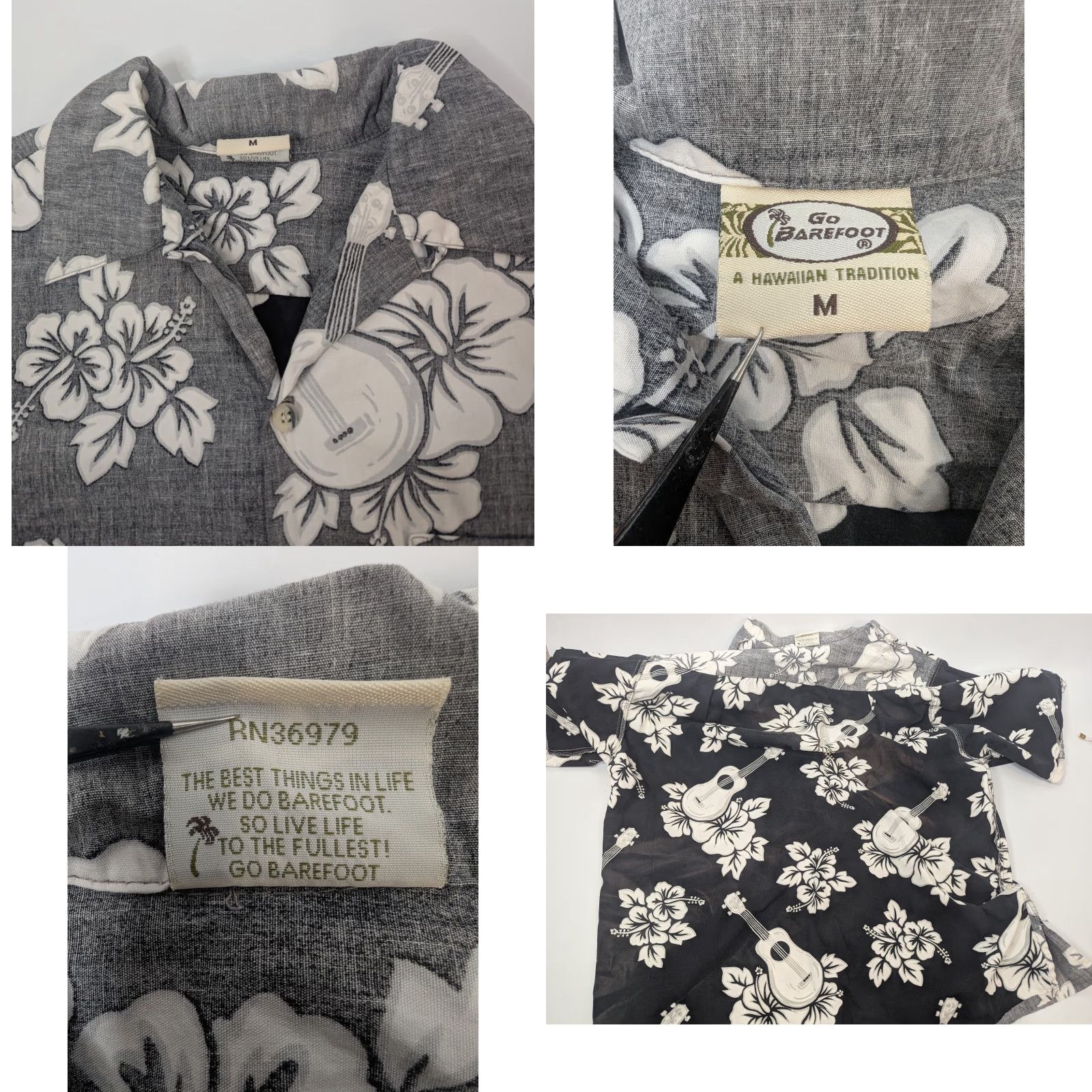 Vivobarefoot VTG Go Barefoot Shirt Men's M Floral Hawaiian Aloha Reverse Collar Button Short Sleeve Gray 100% Cotton Pocket Size US M / EU 48-50 / 2 - 8 Thumbnail