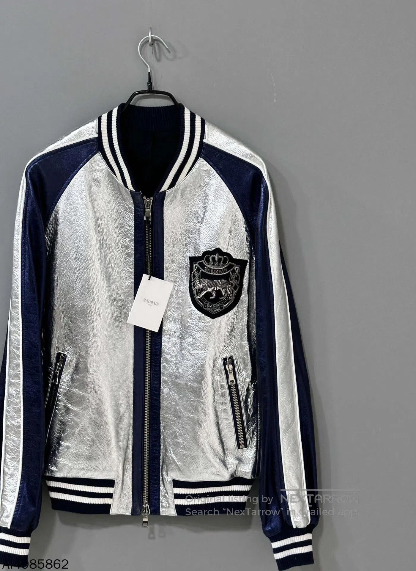 Balmain silver and navy bomber jacket by balmain. Size US L / EU 52-54 / 3 - 6 Thumbnail