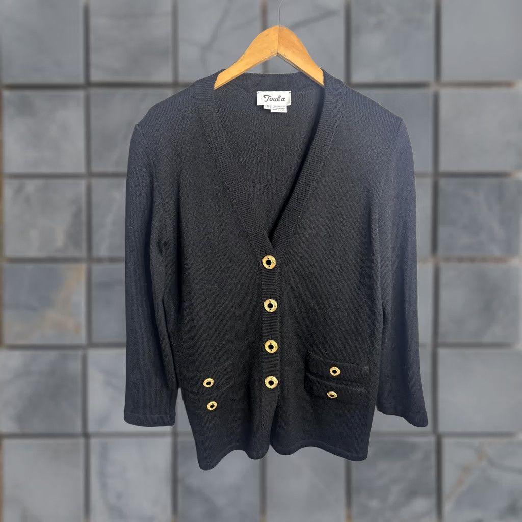 Vintage VINTAGE Toula Cardigan Sweater Womens 12 Black Knit V-Neck Pockets Button Made USA Women Size XL / US 12-14 / IT 48-50 - 1 Thumbnail
